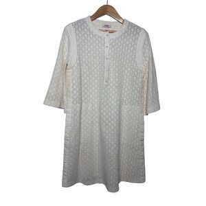 Eres Cream Eyelet Lace Button Front Shift Dress 3/4 Sleeve Size M/L